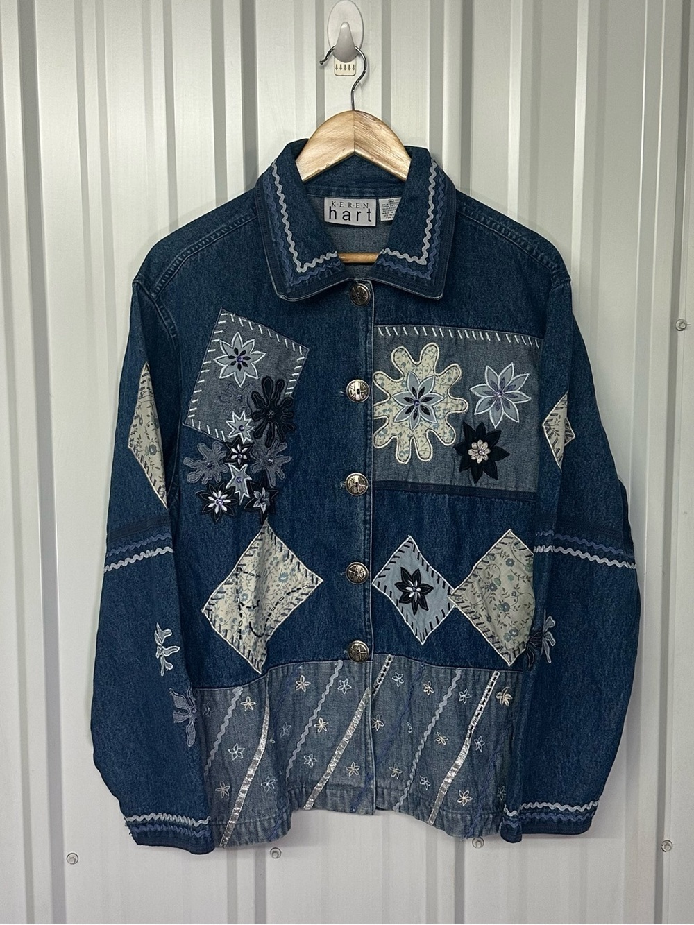 Vintage Keren Hart Patchwork Embroidered Denim Jacket Floral Cottagecore Size M